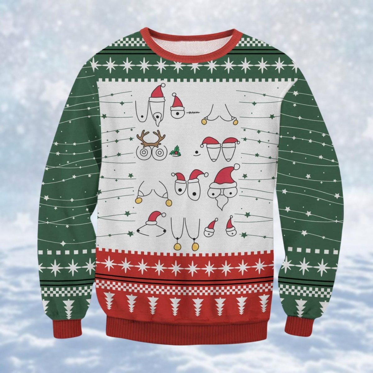 Funny Minimalist Faces Christmas Ugly Sweater Green Red Santa Glasses Holiday Knit Jumper