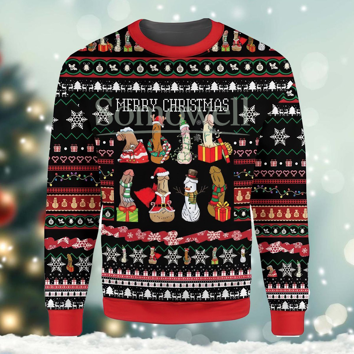 Funny Penis Red Ugly Christmas Sweater Naughty Adult Humor Holiday Knit Jumper