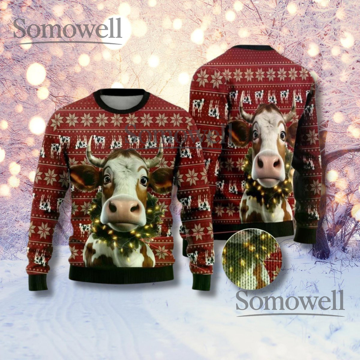 Funny Cow Christmas Sweater - Ugly Holiday Animal Print Pullover