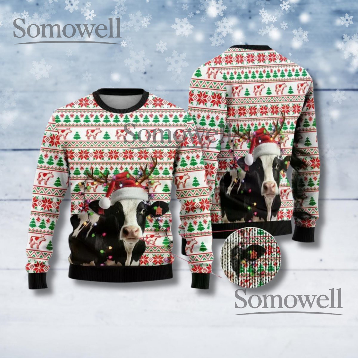 Cow Santa Hat White Ugly Christmas Sweater Funny Farm Animal Lover Holiday Knit Jumper