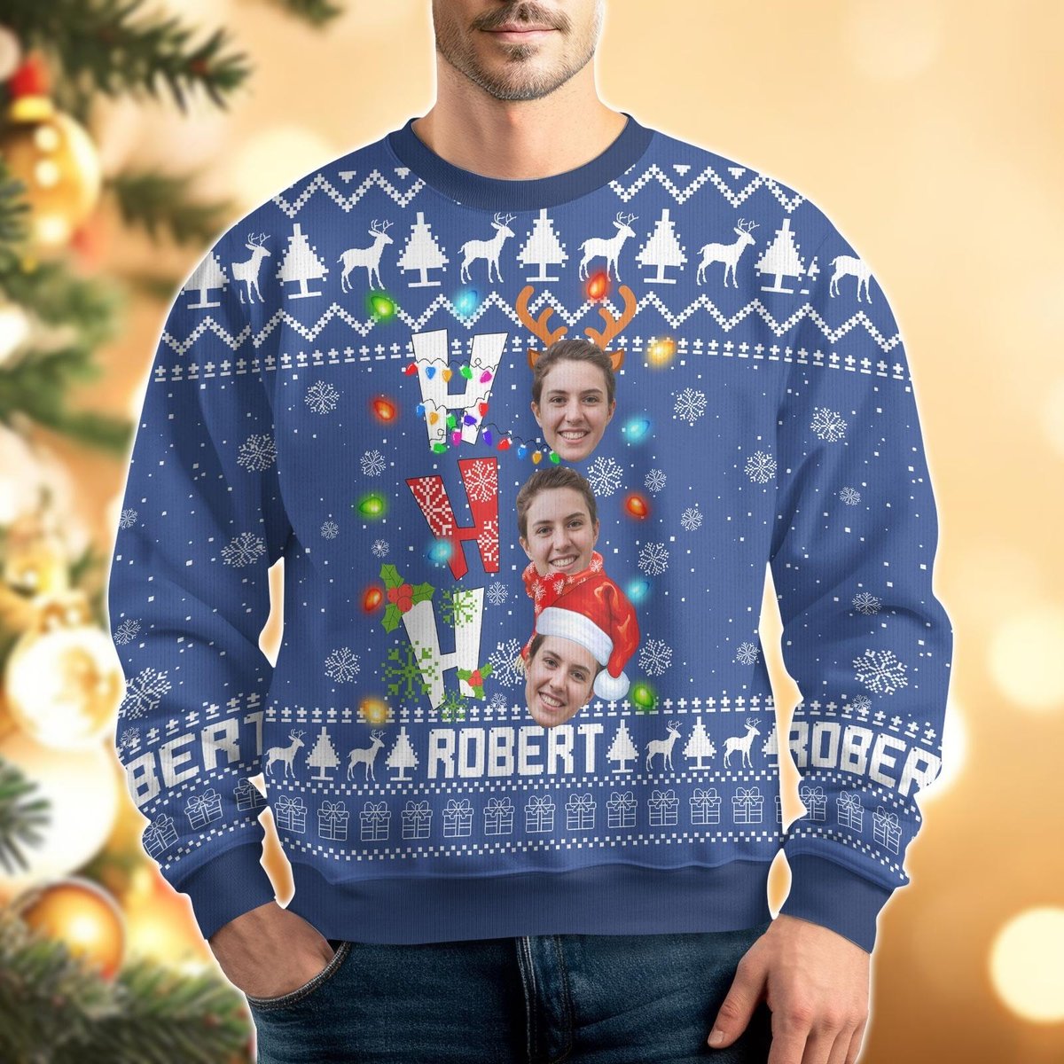 Custom Face Christmas Blue Ugly Sweater Photo Collage Holiday Gift Lights Knit Jumper