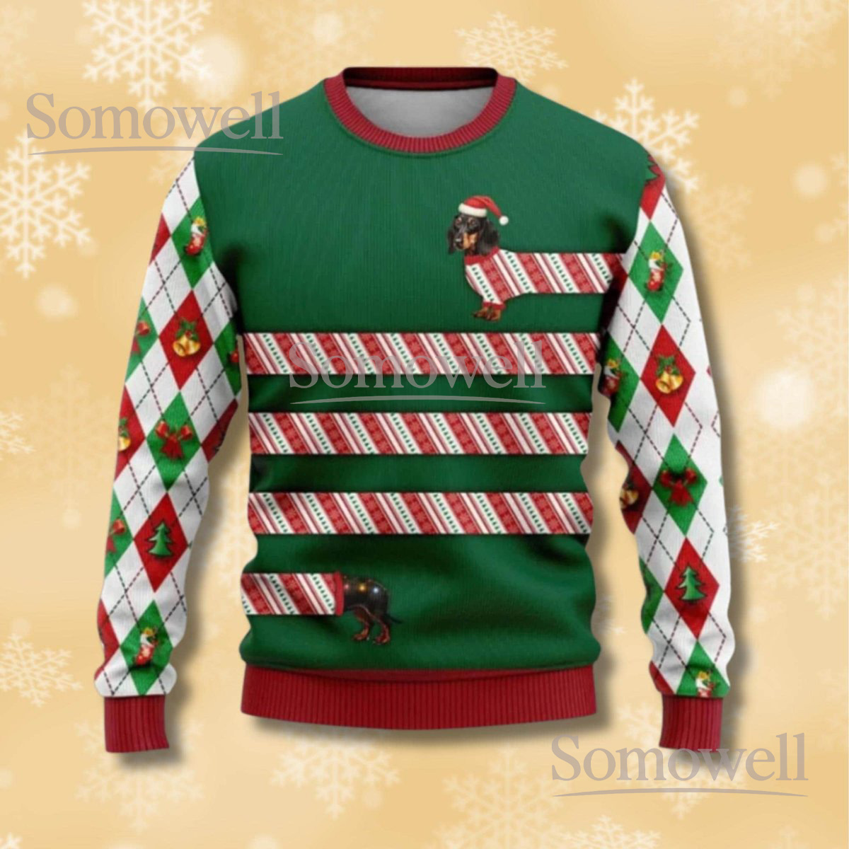 Dachshund Christmas Green Ugly Sweater Argyle Sleeves Holiday Knit Jumper Funny Sausage Dog Gift