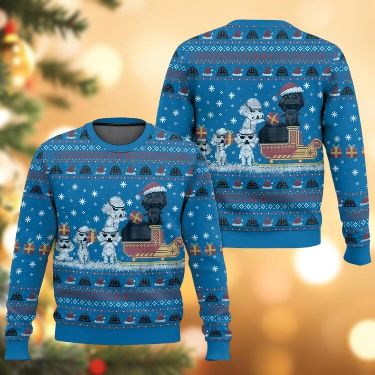 Darth Vader Stormtrooper Christmas Blue Ugly Sweater Galactic Sleigh Holiday Knit Jumper