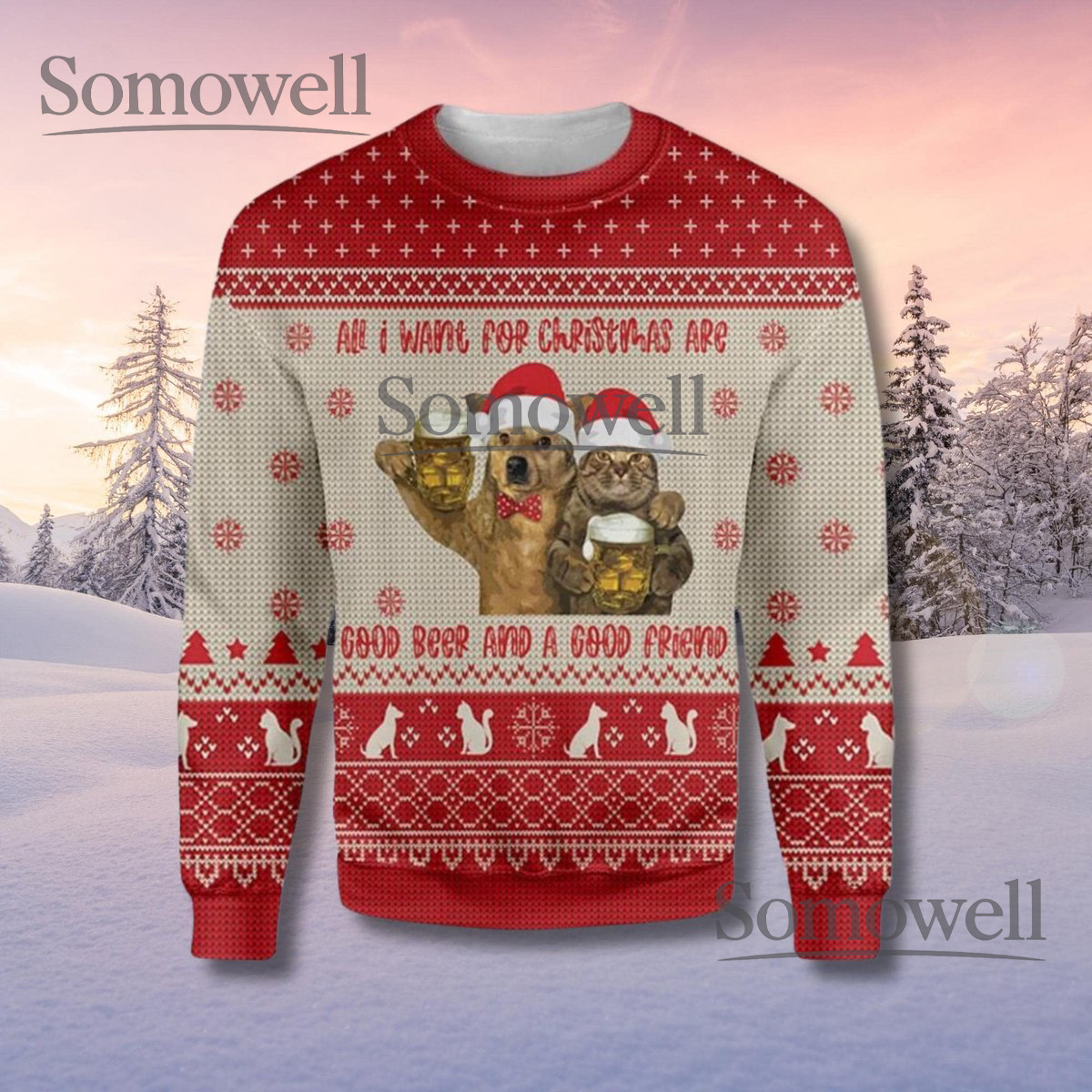 Funny Dog Cat Beer Ugly Christmas Sweater Holiday Drinking Pullover