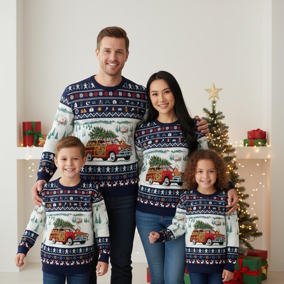 Funny Dog In Car Christmas Road Trip Blue Ugly Sweater Holiday Knit Gift