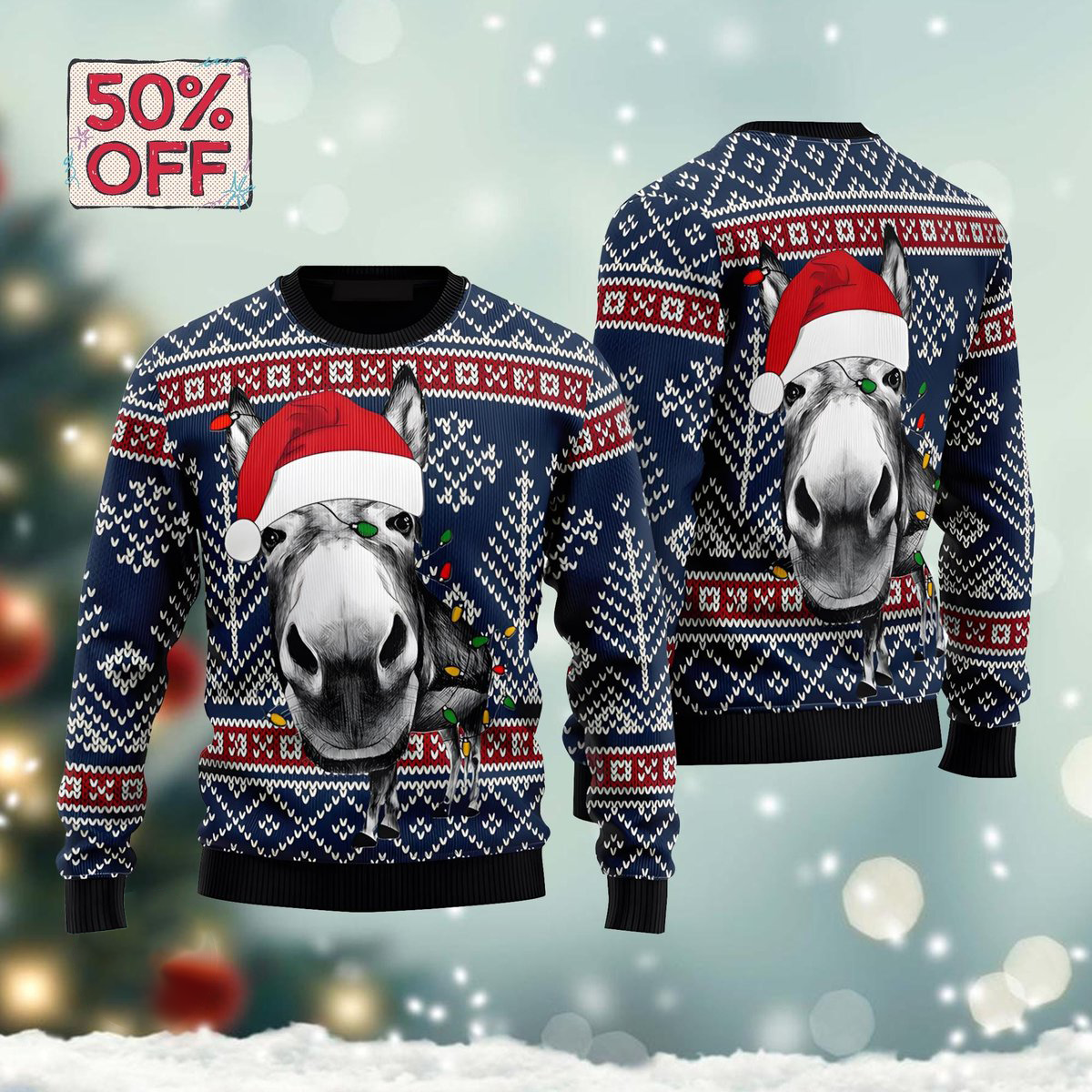 Donkey Santa Hat Navy Ugly Christmas Sweater Funny Farm Animal Holiday Knit Jumper