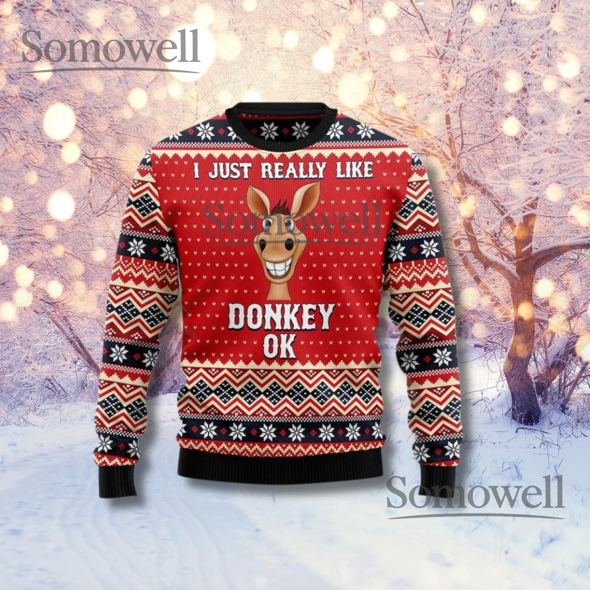 Funny Donkey Ugly Christmas Sweater Red Fair Isle Knit Holiday Jumper