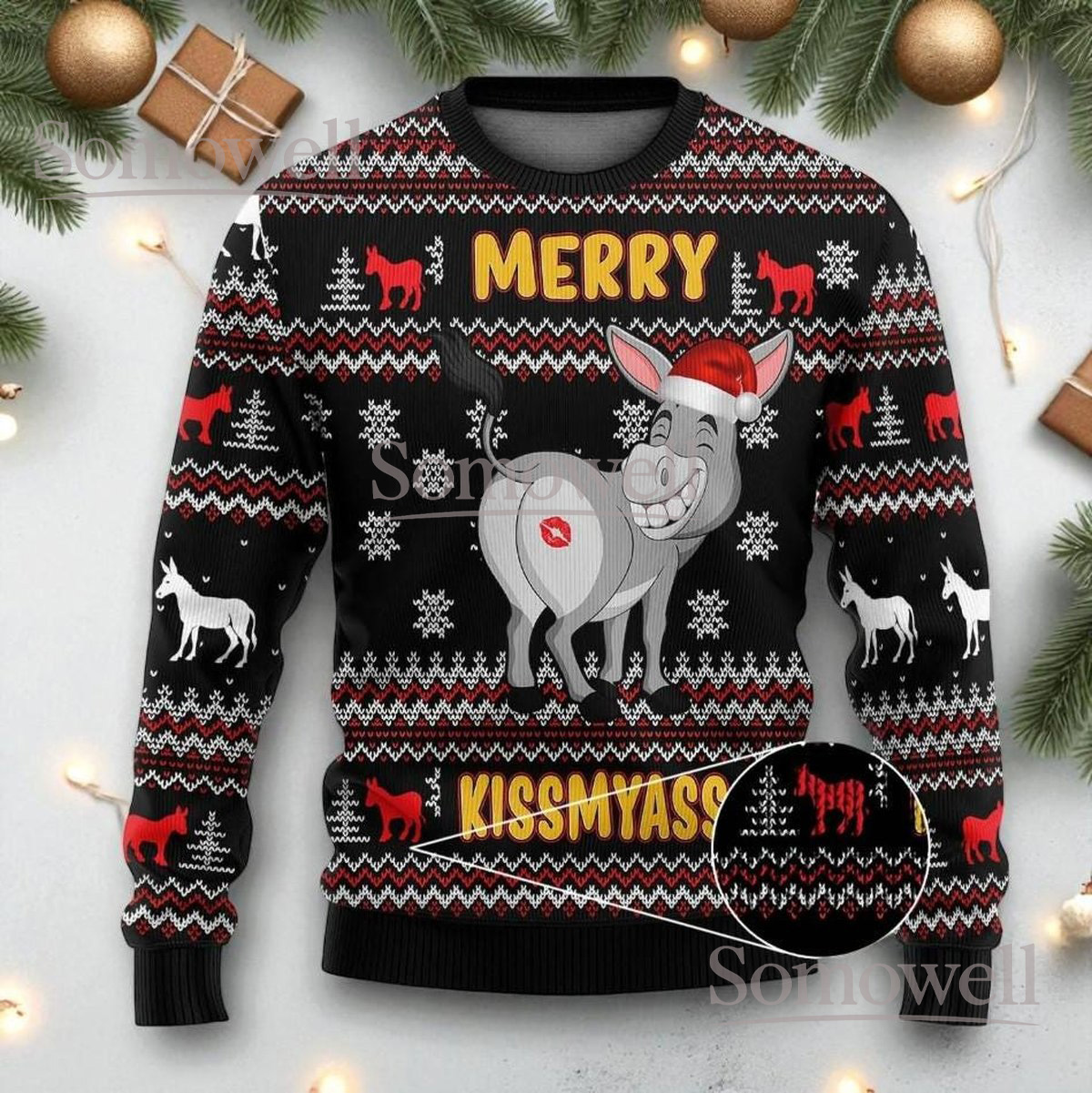 Donkey Kiss My Ass Christmas Black Ugly Sweater Funny Holiday Knit Jumper