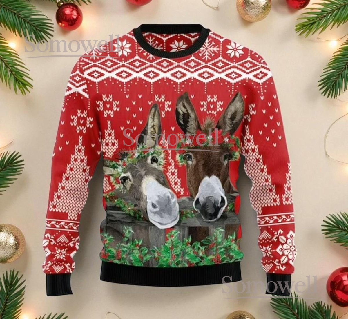Donkey Pair Christmas Red Ugly Sweater Animal Lovers Holiday Knit Jumper
