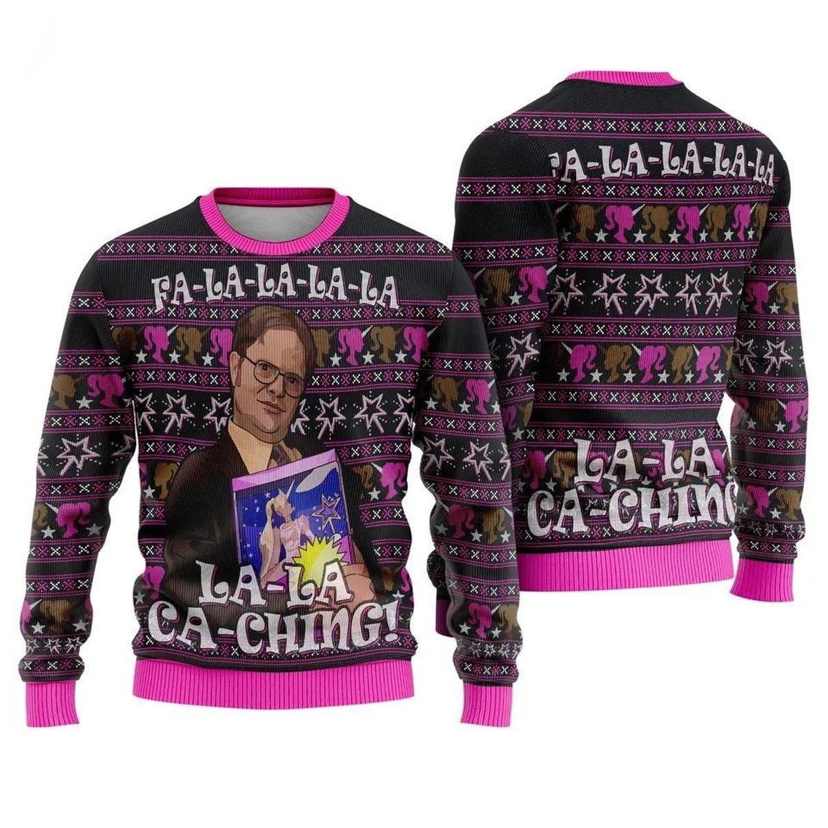 Dwight Schrute Fa La La La La Pink Ugly Christmas Sweater The Office Funny Holiday Knit Jumper