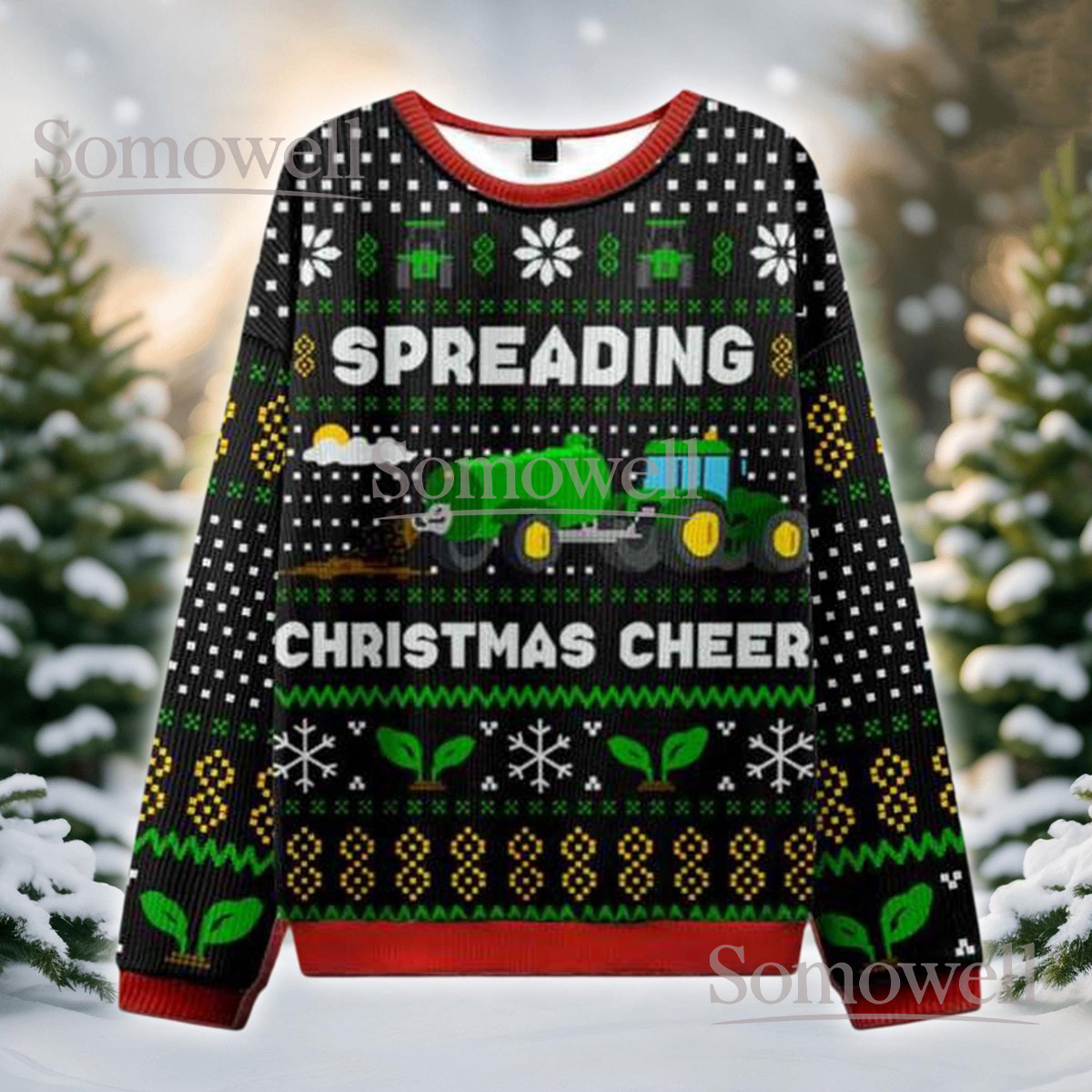 Farmer Tractor Green Ugly Christmas Sweater Spreading Cheer Holiday Knit Jumper Funny Farming Gift