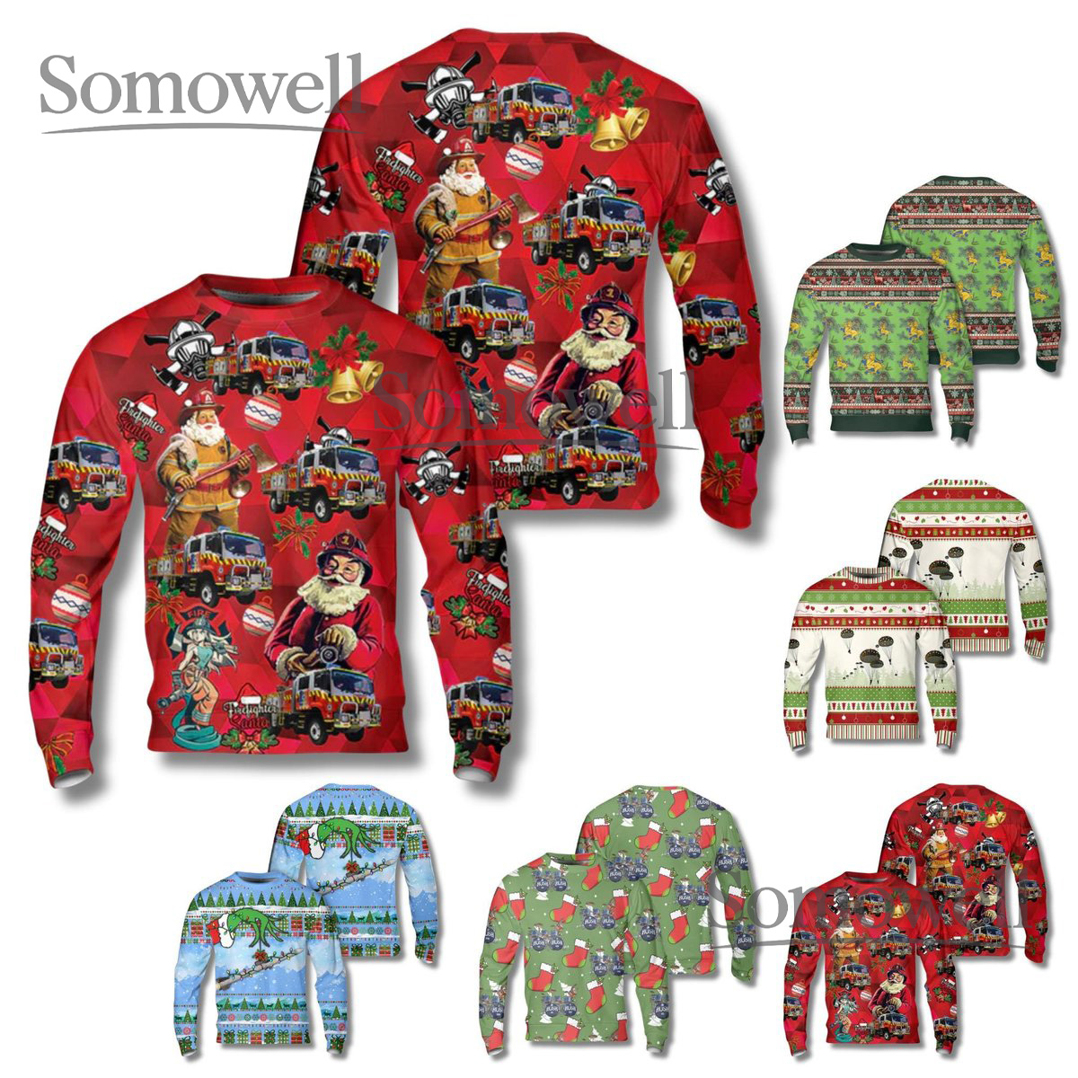 Firefighter Christmas Sweater Vintage Santa Red Holiday Top