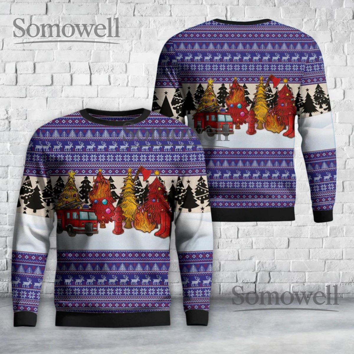 Funny Firefighter Ugly Christmas Sweater Fire Truck Xmas Pullover