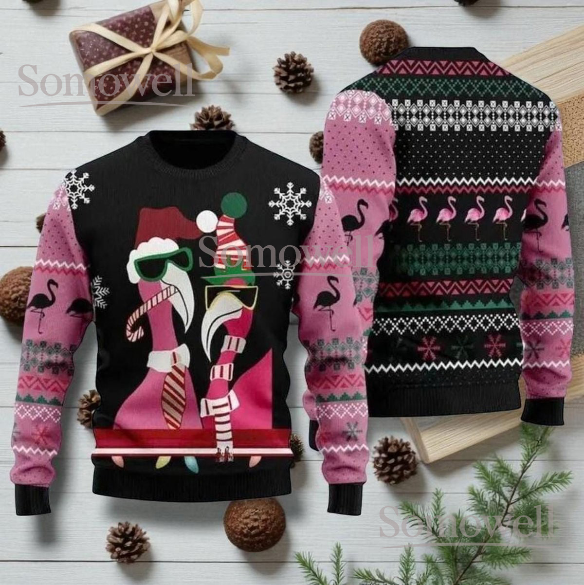 Cool Flamingo Christmas Black Ugly Sweater Tropical Funny Holiday Knit Jumper