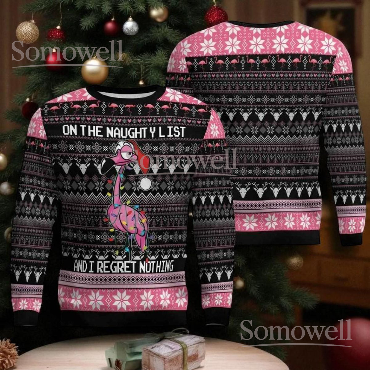 Naughty Flamingo Christmas Black Ugly Sweater Funny Party Holiday Knit Jumper