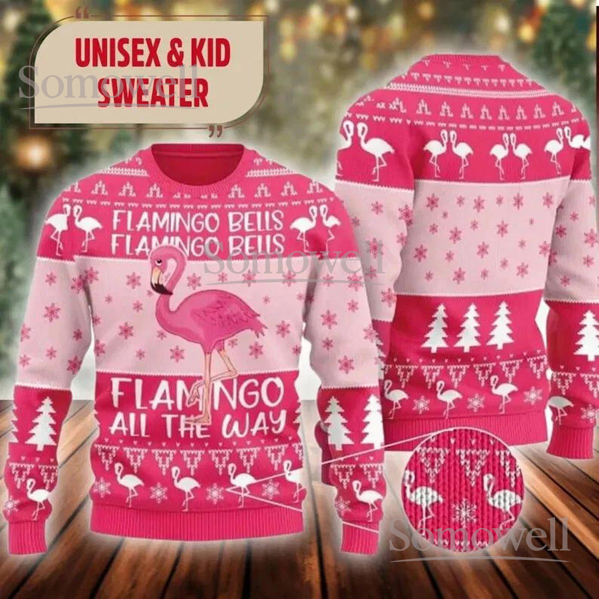 Flamingo Pink Ugly Christmas Sweater Flamingo Bells Holiday Knit Jumper Funny Bird Design