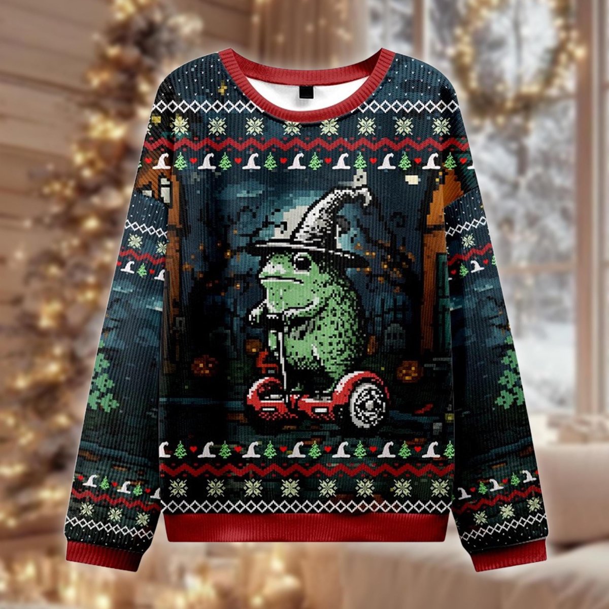 Funny Frog On Scooter Ugly Sweater Cute Witch Frog Holiday Party Christmas Gift