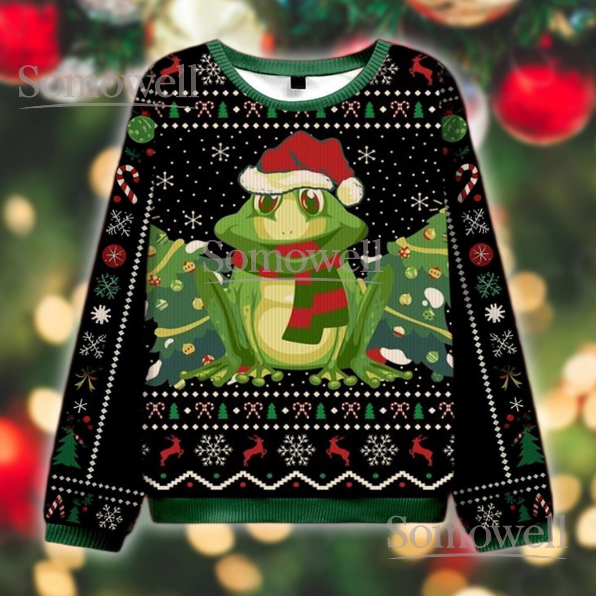 Frog Santa Hat Black Ugly Christmas Sweater Holiday Knit Jumper Funny Green Frog Design