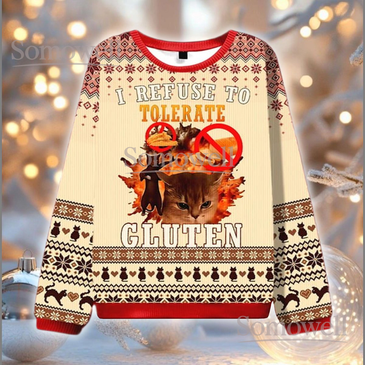 Cat Beige Christmas Ugly Sweater I Refuse To Tolerate Gluten Holiday Knit Jumper Funny Pet Gift