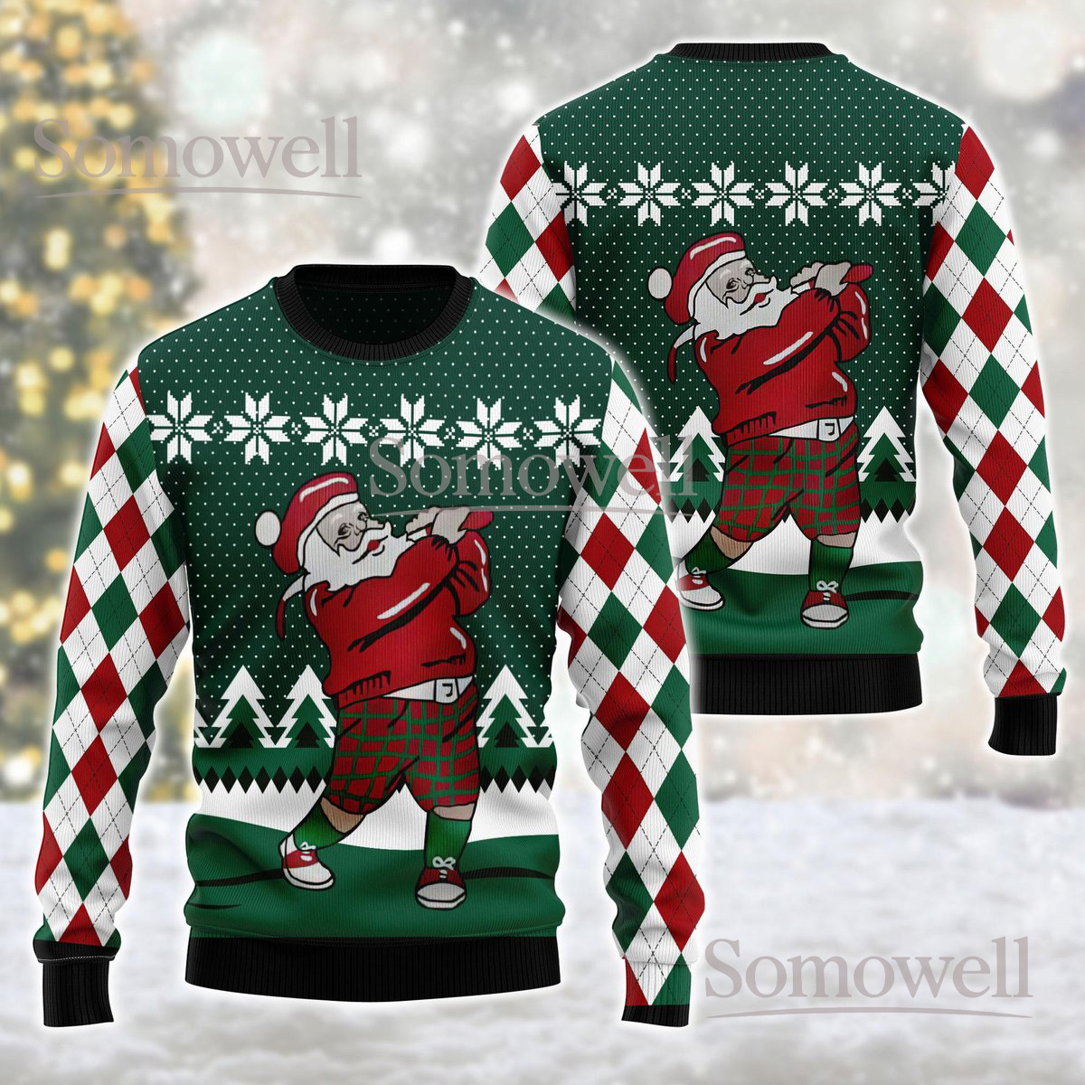 Golf Santa Green Christmas Ugly Sweater Holiday Knit Jumper Funny Sports Gift For Golfer