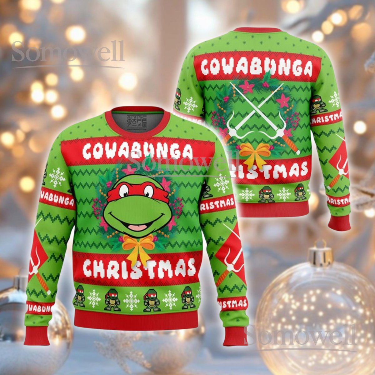 Ninja Turtle Cowabunga Christmas Ugly Sweater Funny Cartoon Holiday Gift