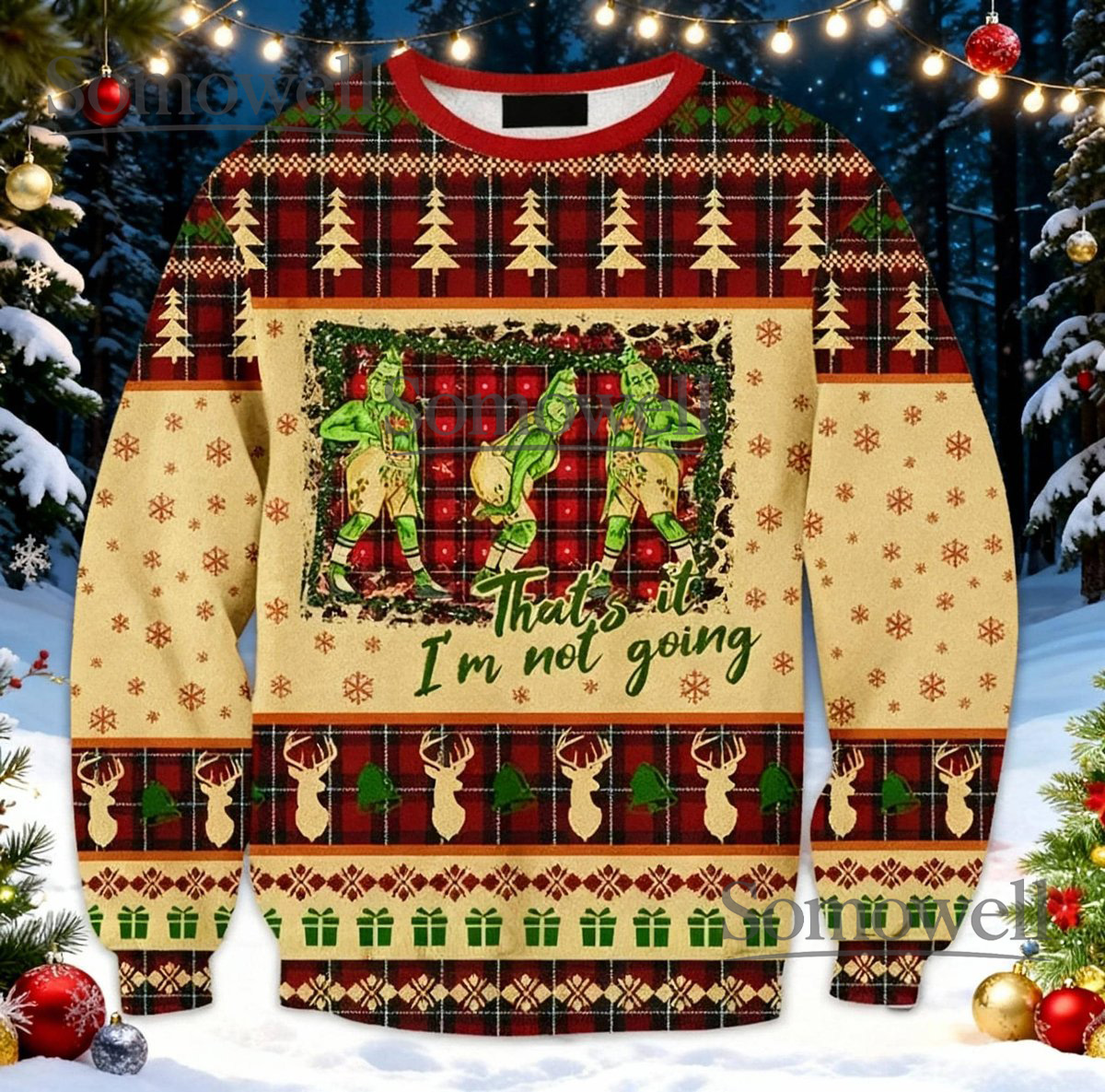 Funny Green Monster Ugly Christmas Sweater Thats It Im Not Going Plaid Knit Jumper