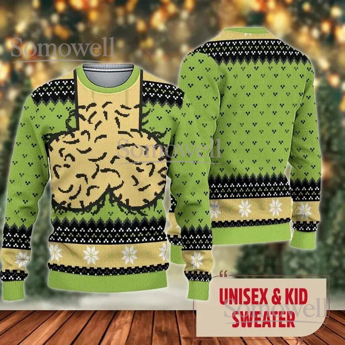 Green Muscle Christmas Ugly Sweater Holiday Knit Jumper Funny Bodybuilder Costume Design