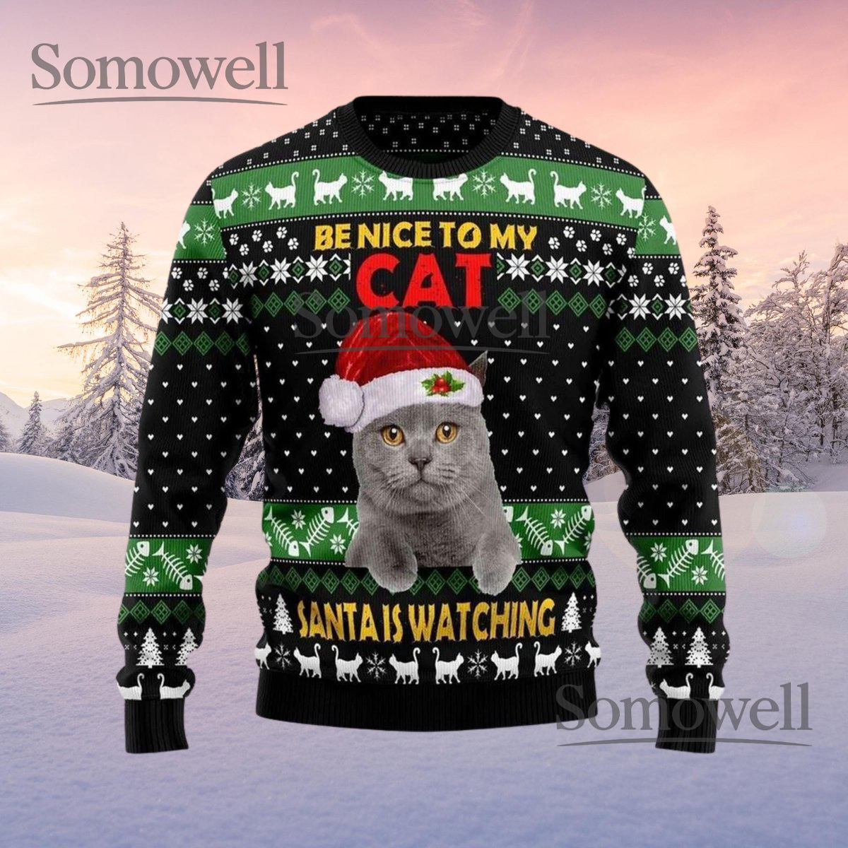 Funny Grey Cat Christmas Sweater Be Nice To My Cat Holiday Jumper
