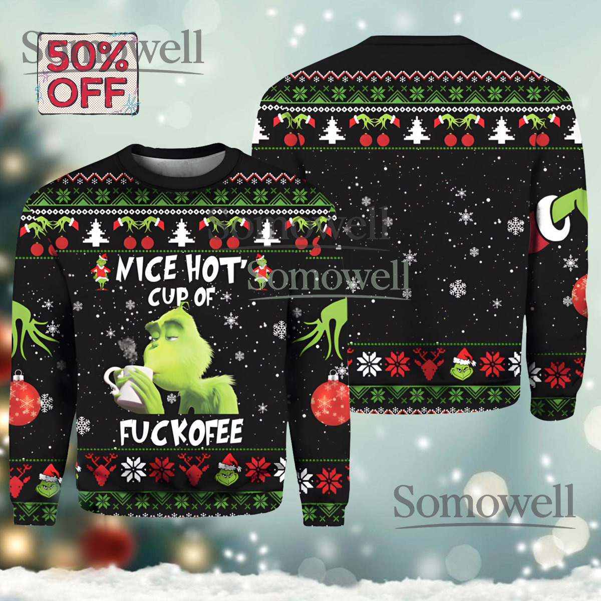 Funny Grinch Christmas Sweater Hot Fckoffee Ugly Holiday Pullover