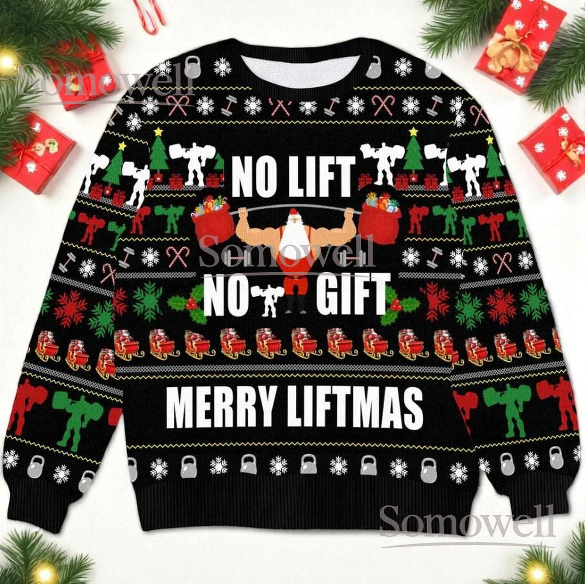 Santa Liftmas Christmas Black Ugly Sweater Fitness Funny Holiday Knit Jumper