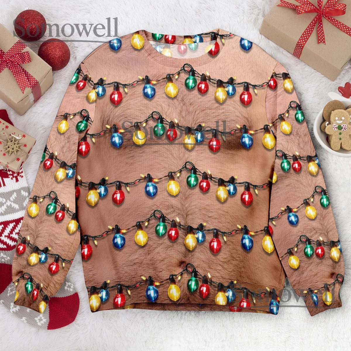Hairy Chest Lights Ugly Christmas Sweater Funny Gag Gift for Men Holiday Party