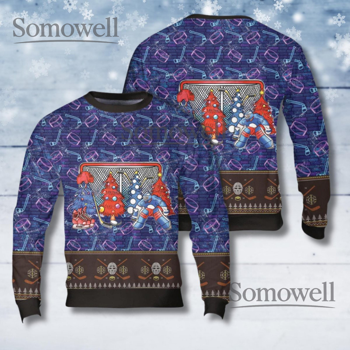 Funny Hockey Christmas Tree Ugly Sweatshirt Goalie Net Holiday Sweater