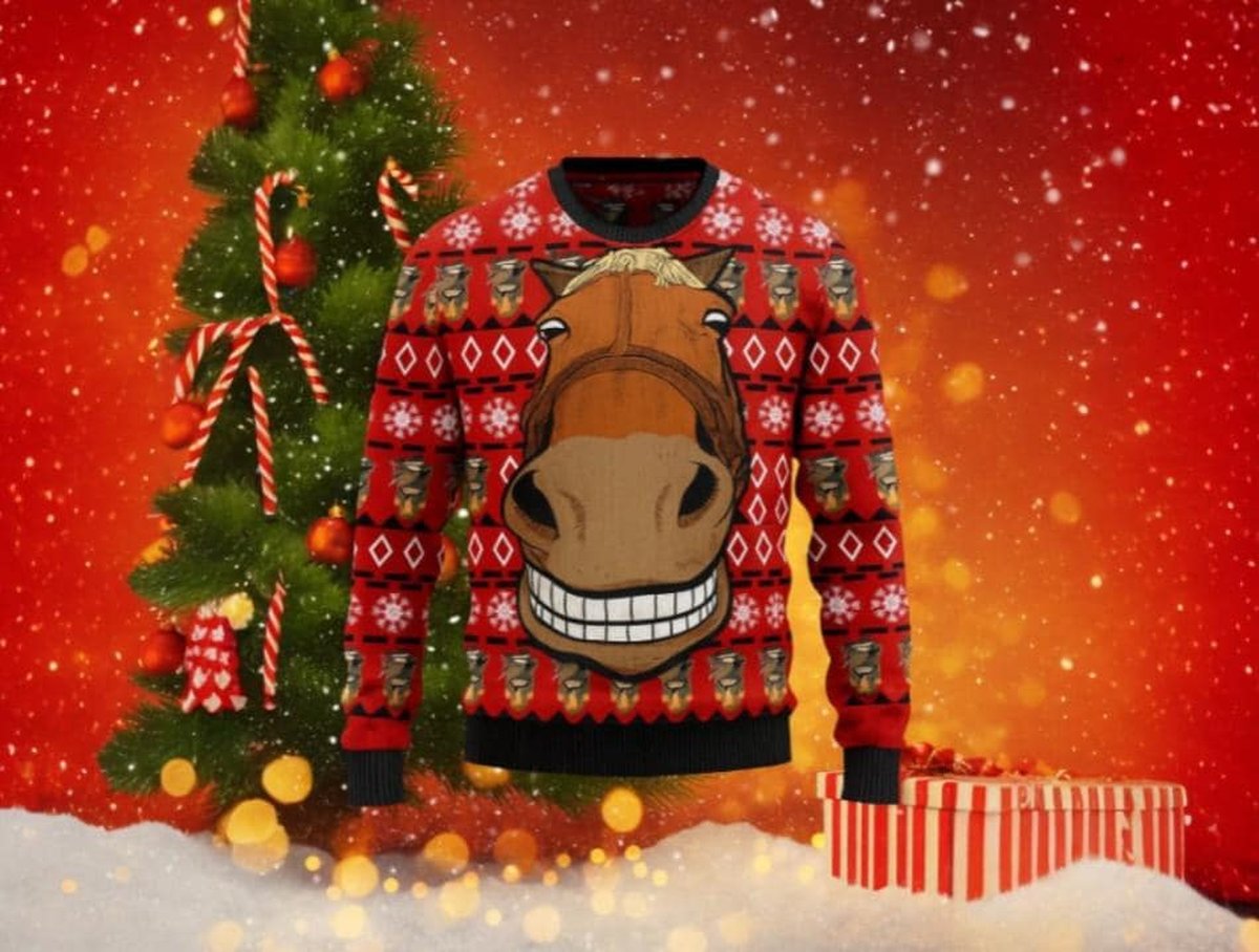 Funny Horse Face Red Ugly Christmas Sweater Hilarious Animal Holiday Knit Jumper