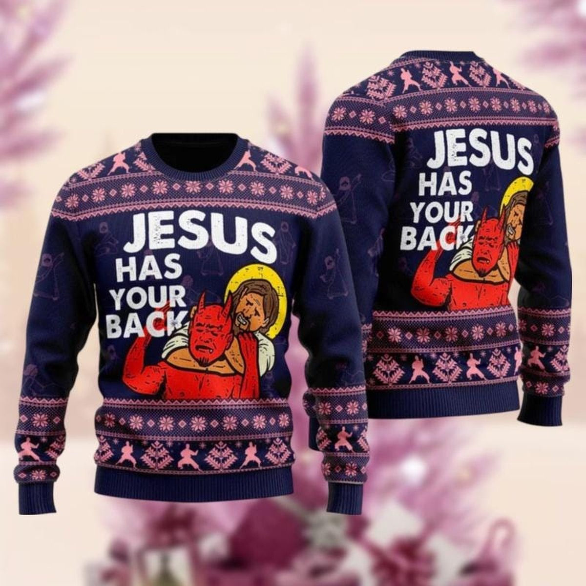 Jesus Has Your Back Navy Christmas Ugly Sweater Funny Religious Holiday Knit Jumper