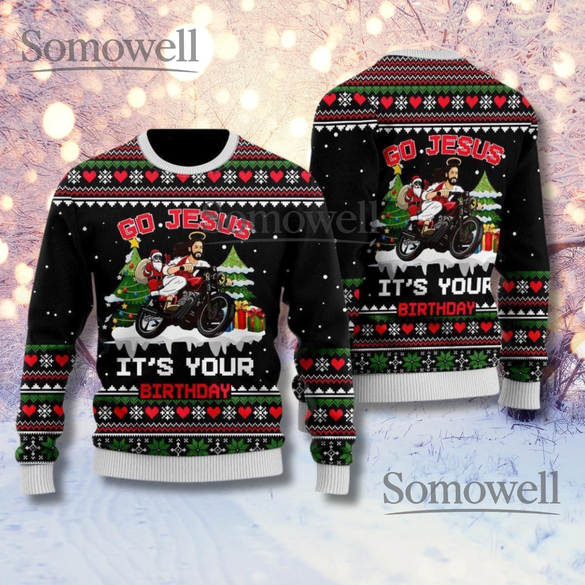 Funny Jesus Motorcycle Christmas Sweater Ugly Holiday Jumper