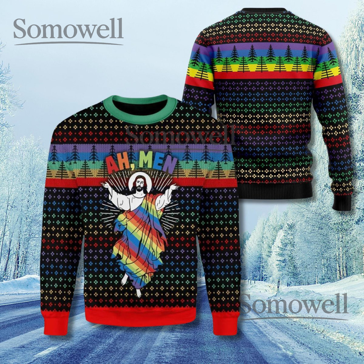 Funny Jesus Rainbow Ugly Christmas Sweater LGBTQ Pride Holiday Pullover