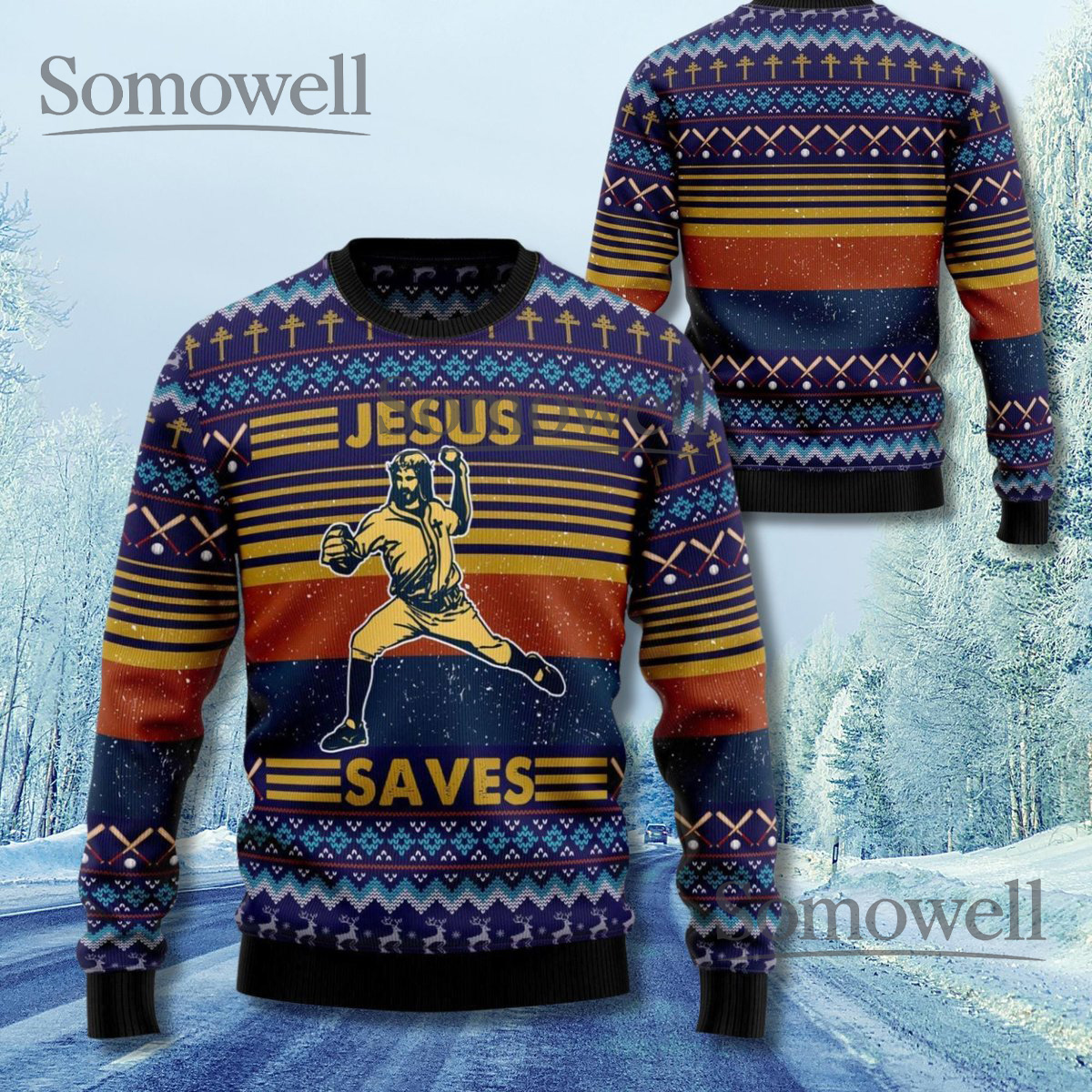 Funny Jesus Saves Baseball Christmas Sweater Retro Christian Knit Pullover