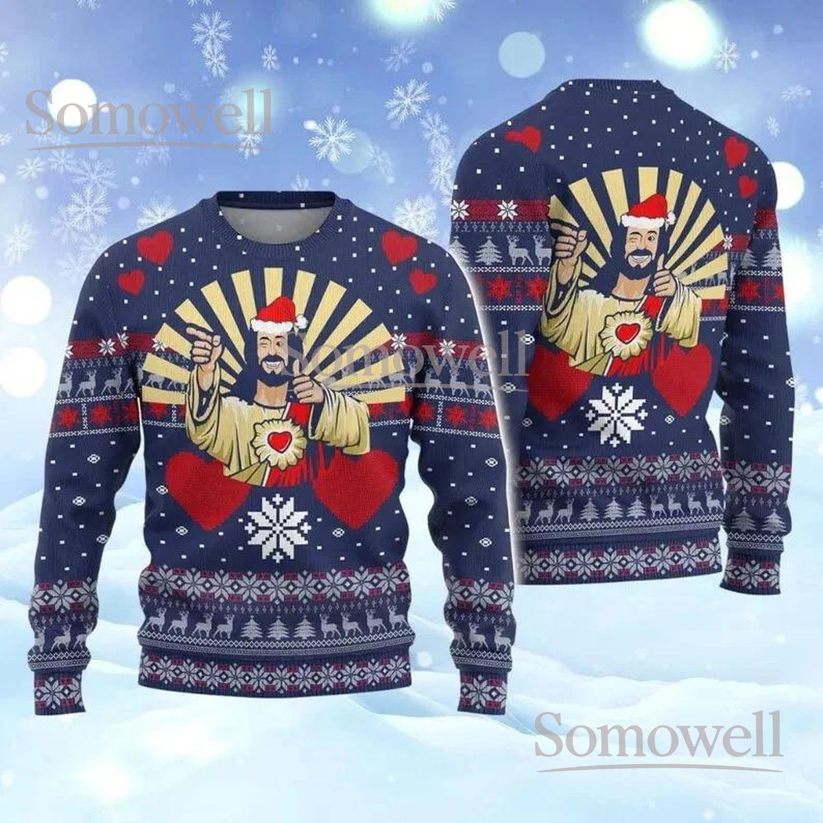 Jesus Navy Christmas Ugly Sweater Holiday Knit Jumper Funny Religious Faith Design