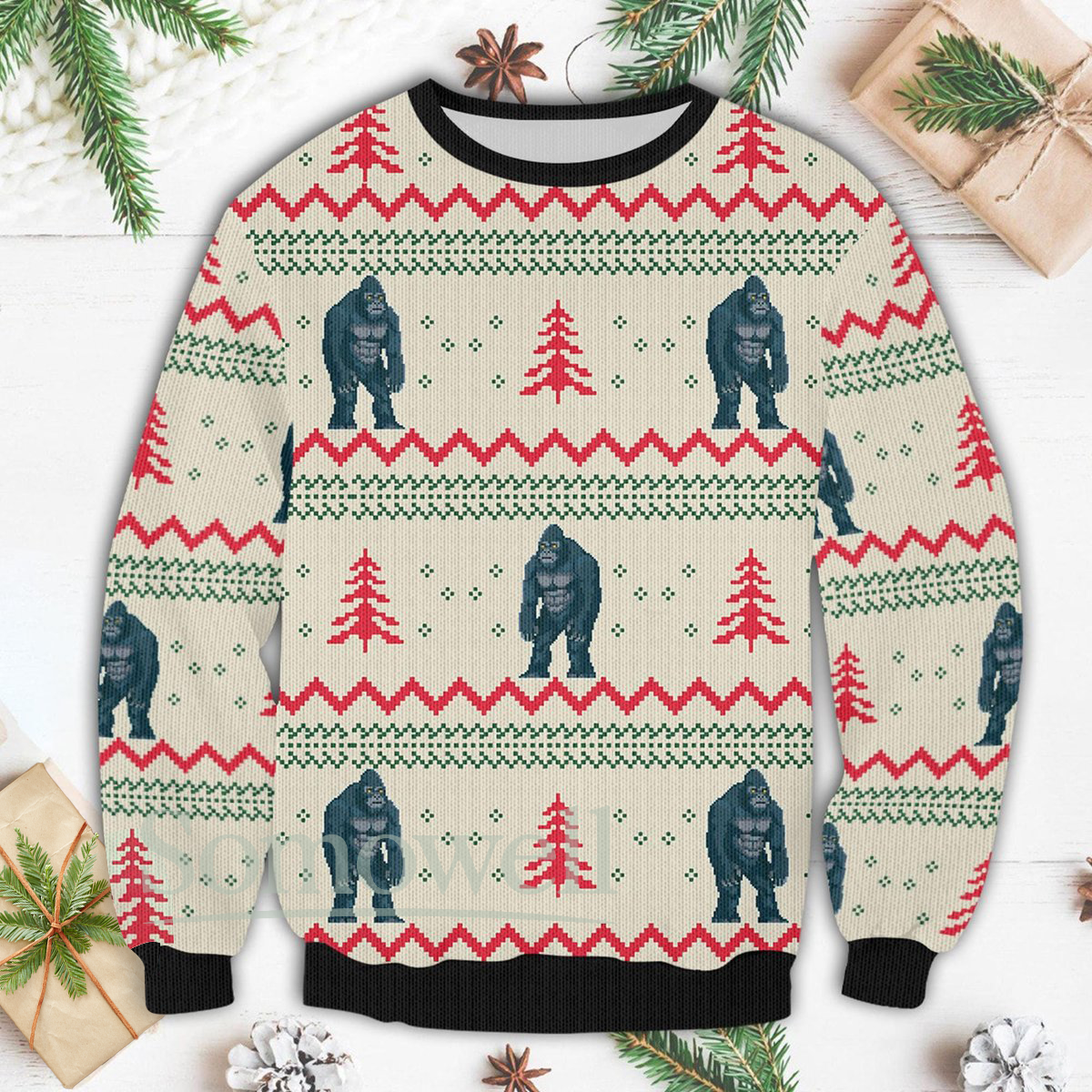 King Kong Beige Ugly Christmas Sweater Funny Gorilla Pattern Holiday Knit Jumper