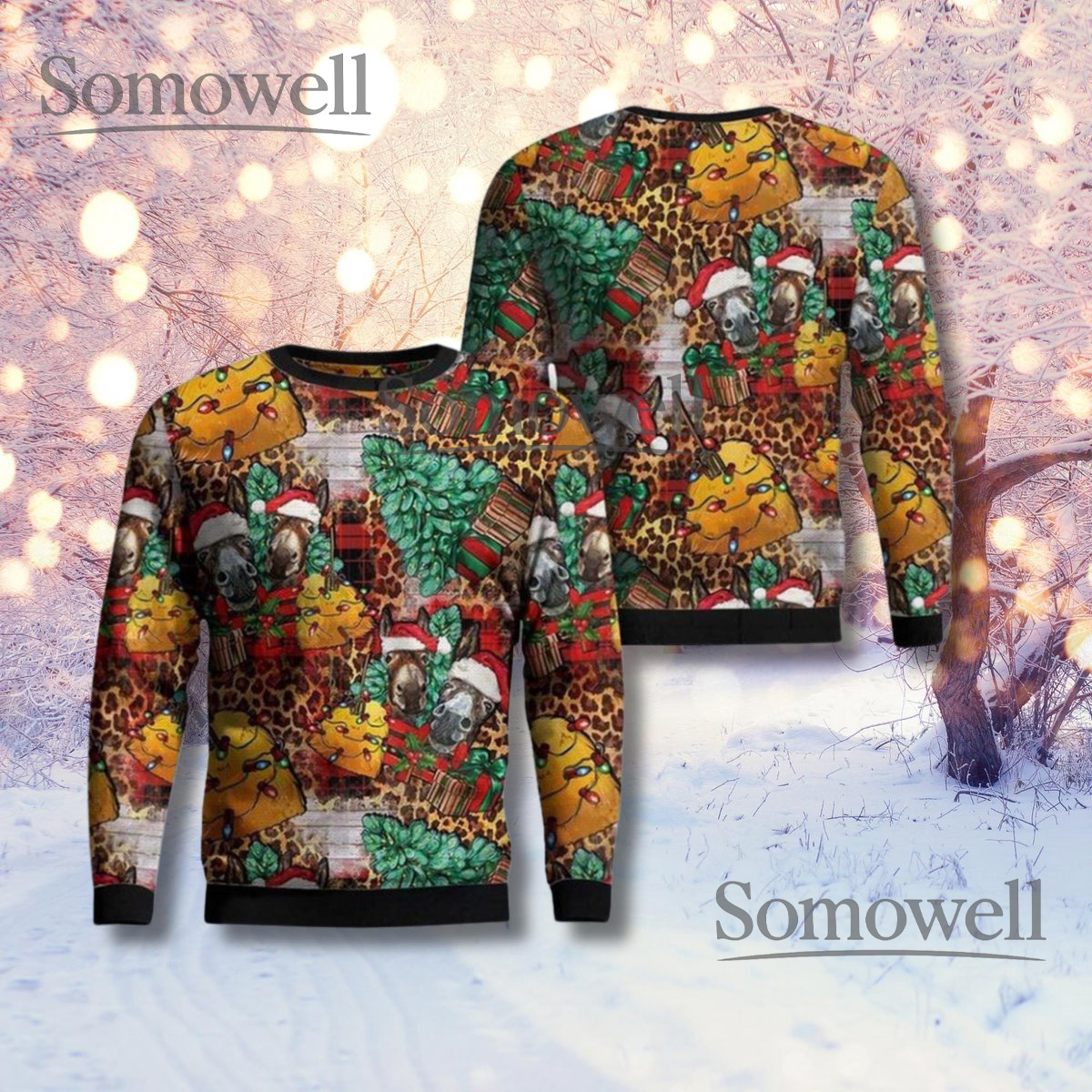 Funny Leopard Print Christmas Sweater Cheese and Dog Pattern Holiday Pullover Gift