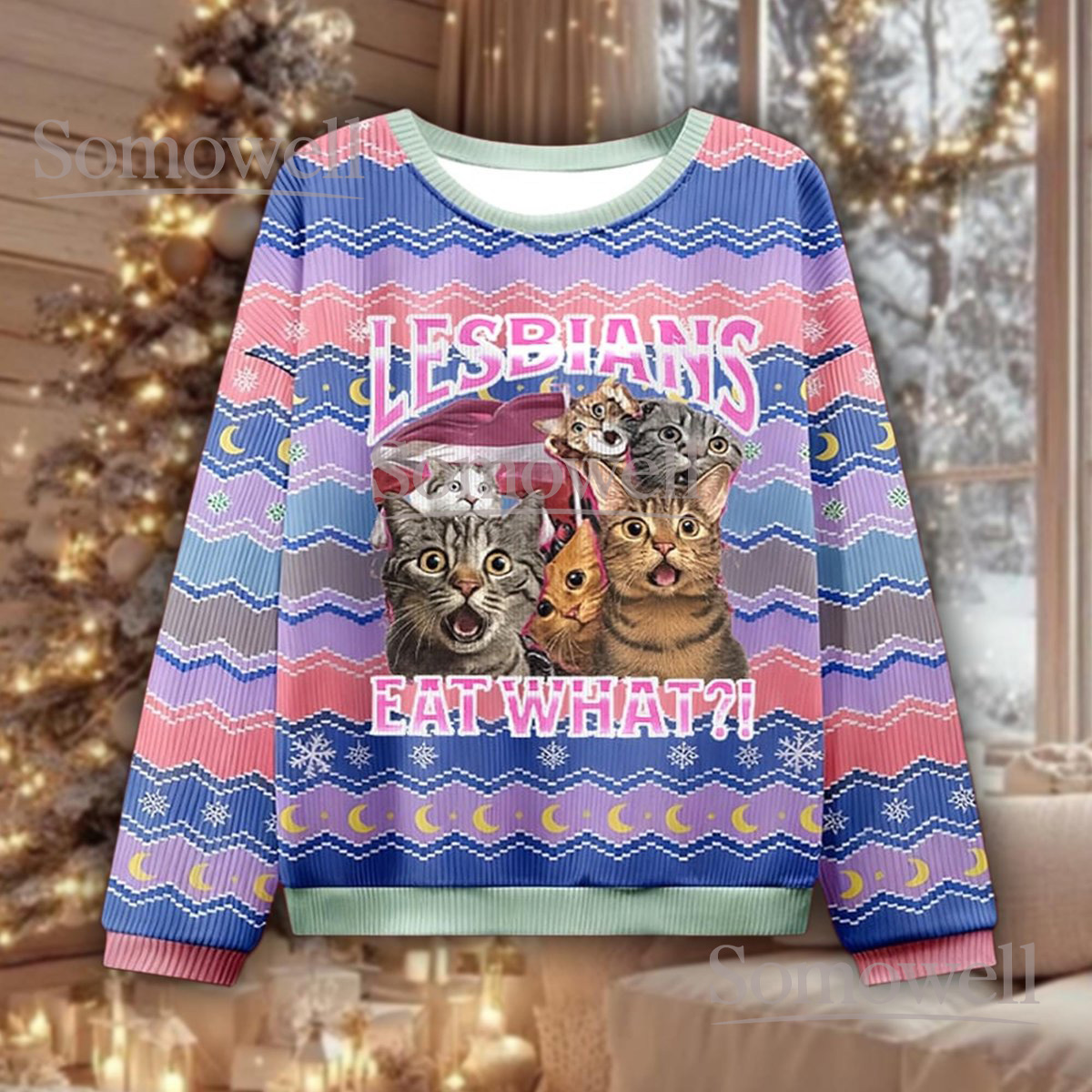 Lesbians Eat What Cat Meme Ugly Christmas Sweater Funny LGBTQ Gift Holiday Party