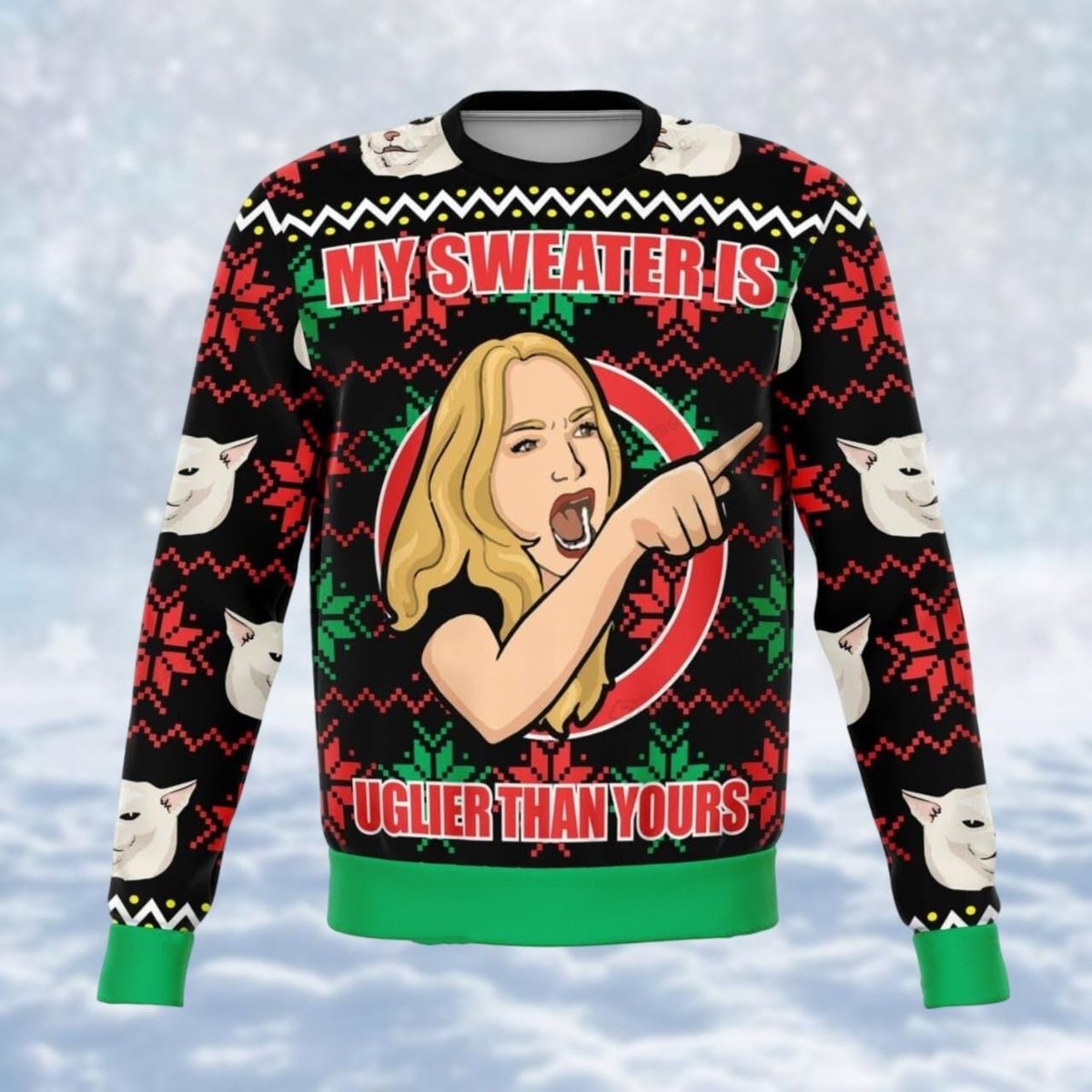 Meme Cat Christmas Ugly Sweater My Sweater Is Uglier Than Yours Funny Holiday Knit Jumper