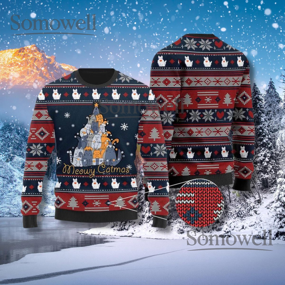 Funny Meowy Catmas Ugly Christmas Sweater Cat Tree Design