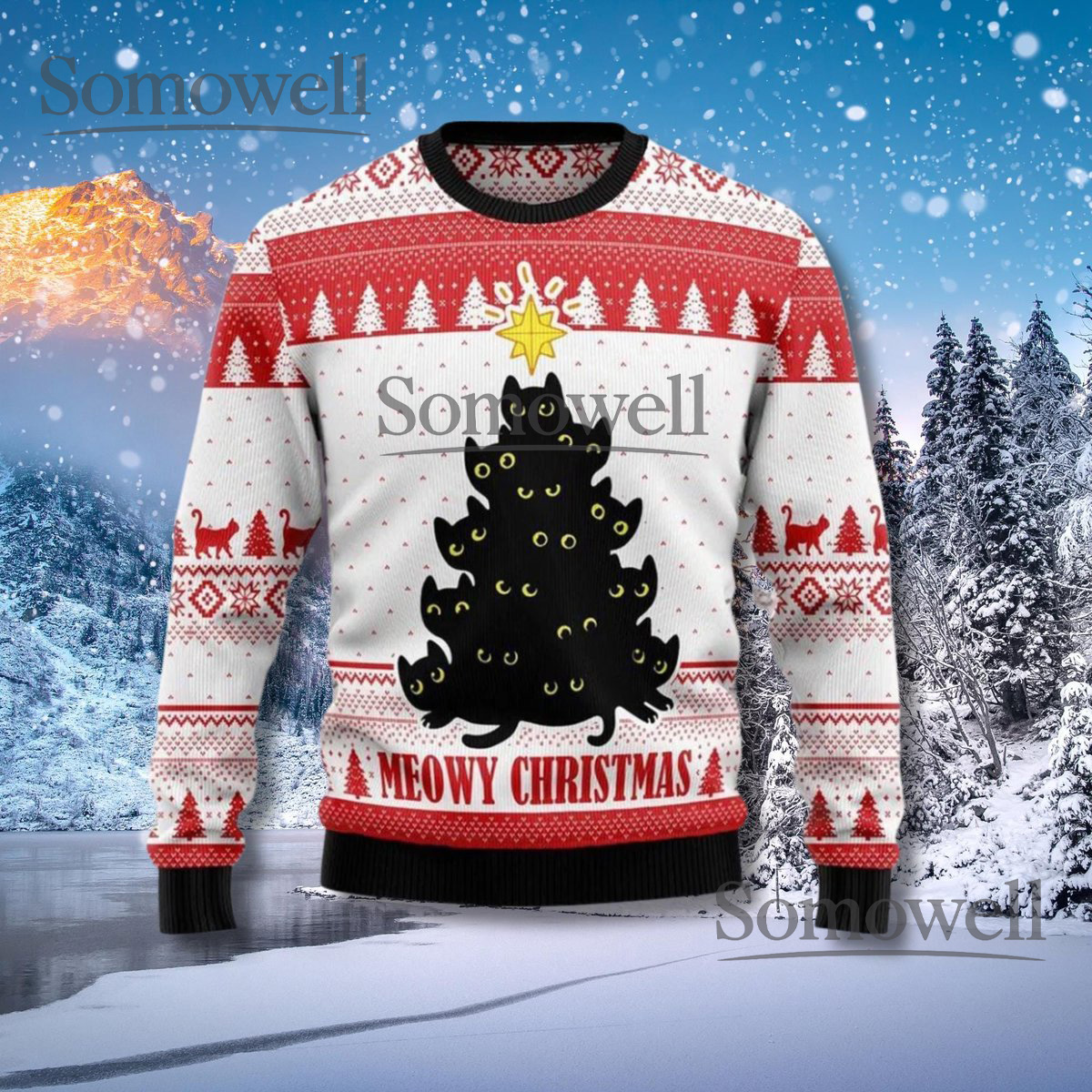 Funny Meowy Christmas Cat Sweater Black Cat Tree Pullover