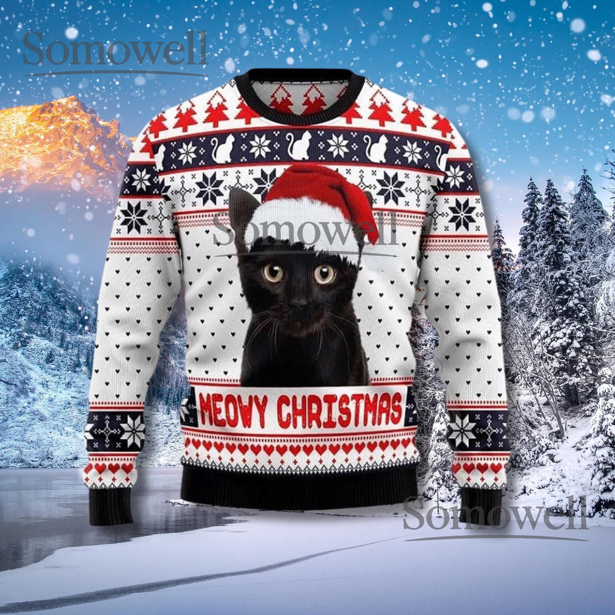 Funny Meowy Christmas Cat Sweater Black Kitten Ugly Holiday Pullover