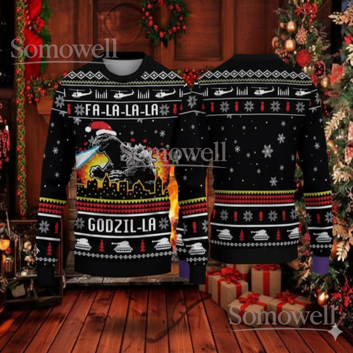 Godzilla Fa La La La Ugly Christmas Sweater Funny Monster Movie Holiday Gift