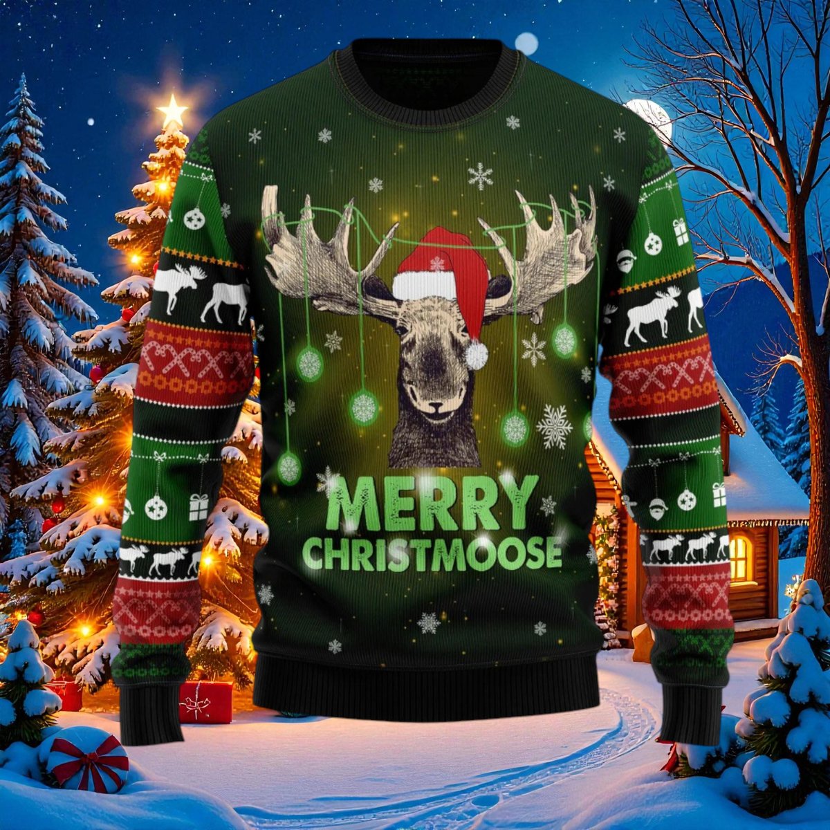Funny Moose Green Ugly Christmas Sweater Merry Christmoose Holiday Knit Jumper