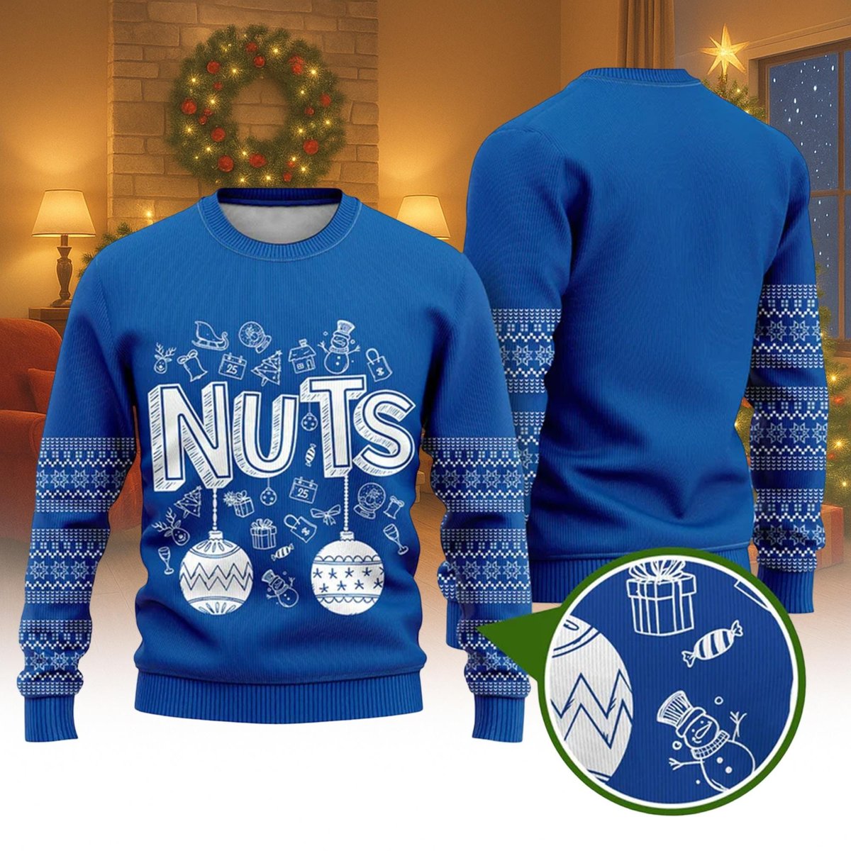 Nuts Christmas Blue Ugly Sweater Funny Holiday Ornament Pattern Knit Jumper