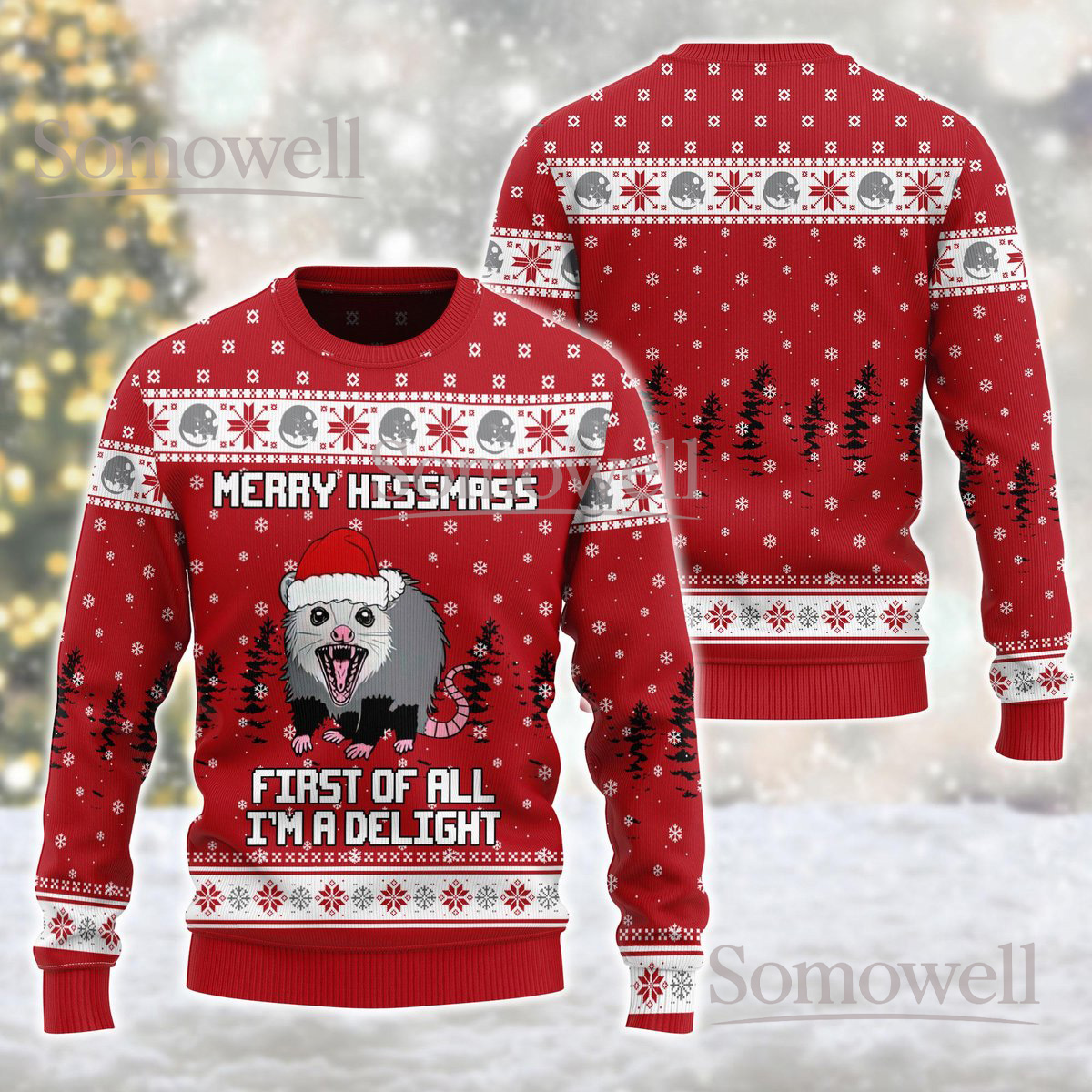 Possum Red Christmas Ugly Sweater Merry Hissmass Holiday Knit Jumper Funny Animal Design
