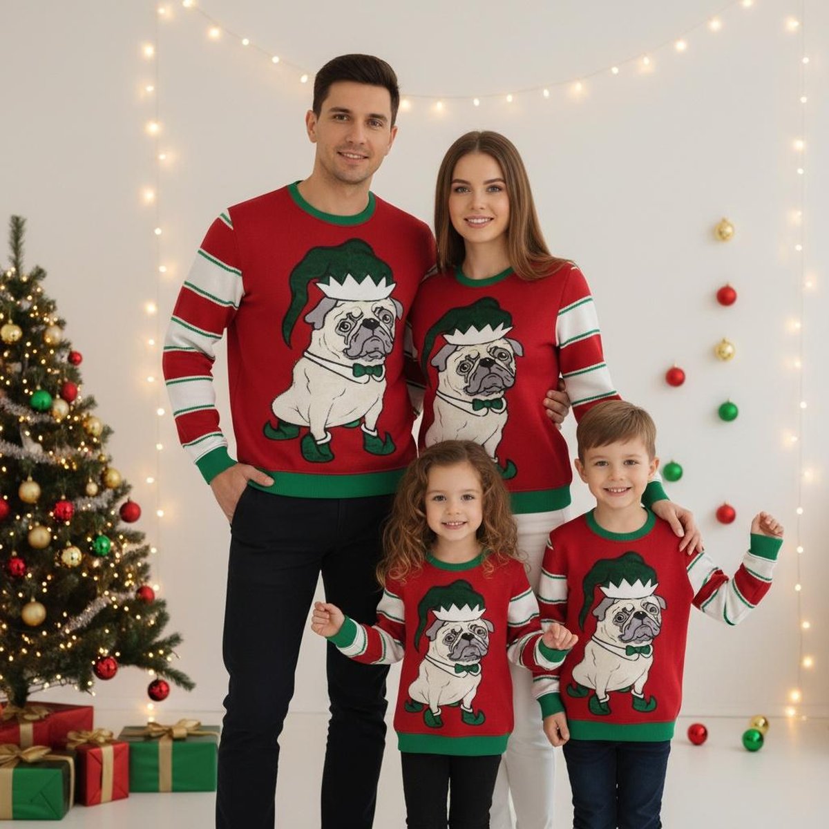 Pug Dog Elf Funny Ugly Christmas Sweater Red Green Striped Holiday Jumper